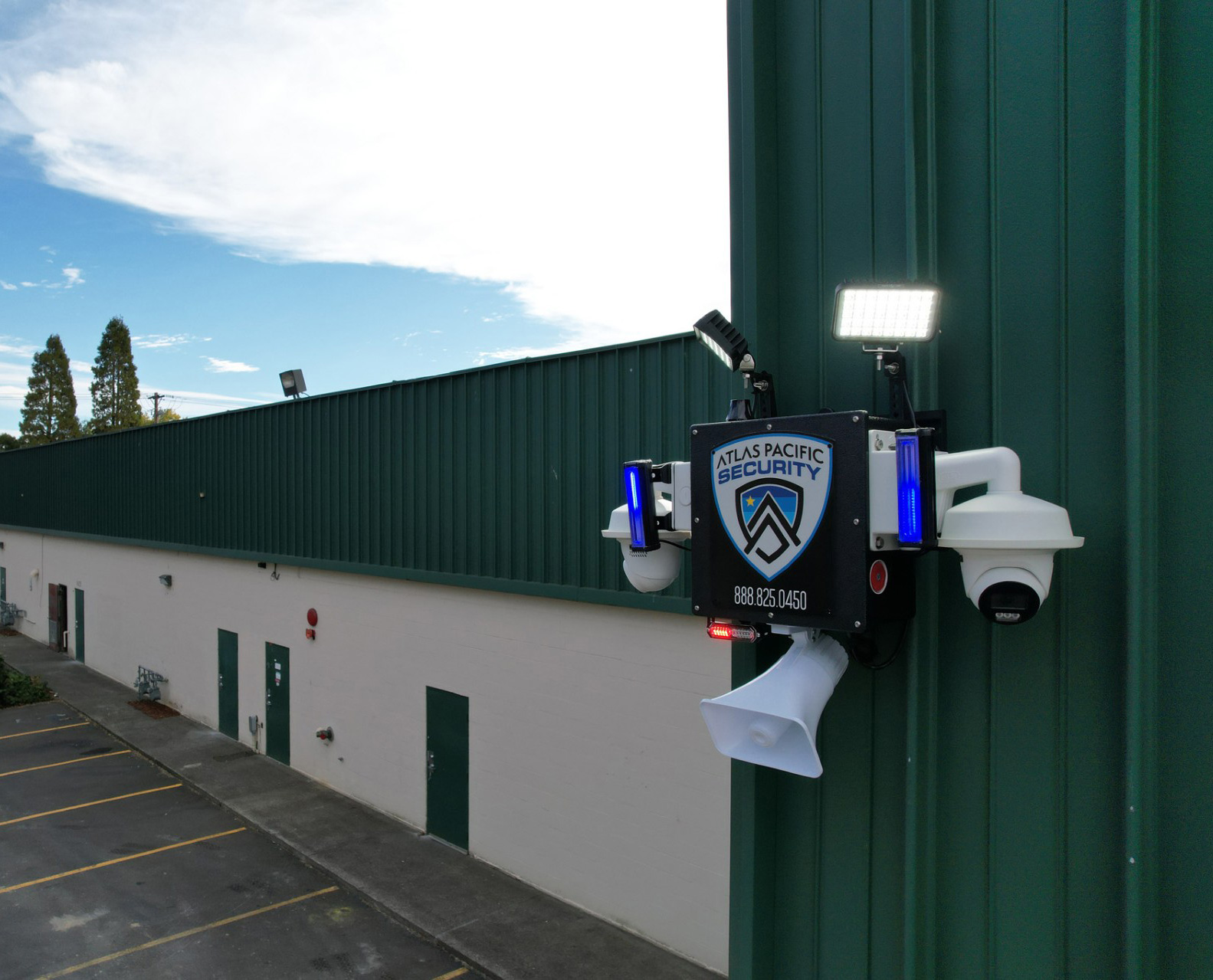 Atlas Pacific Security AI powered monitoring station mounted to the outside of a commercial building