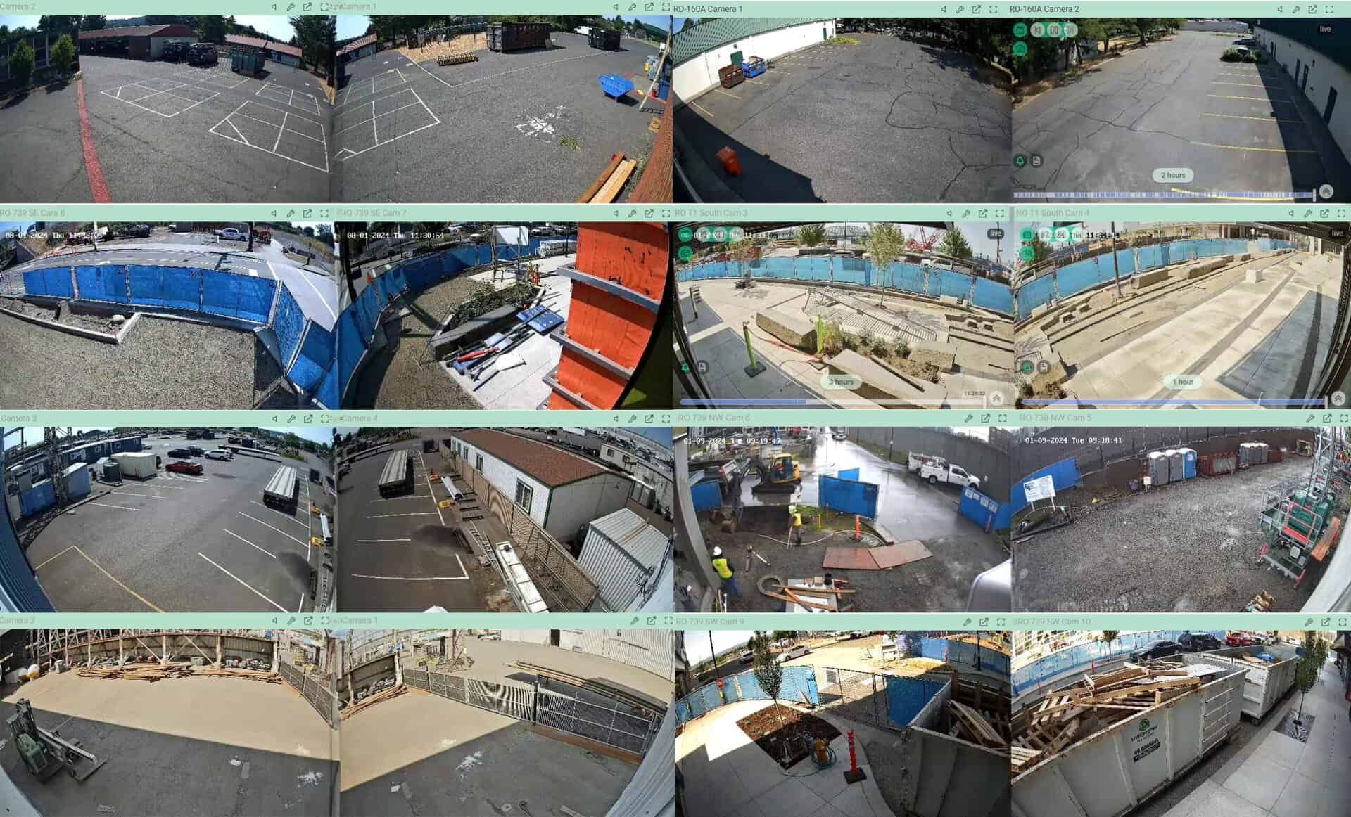 Overview showing multiple live camera feeds from a construction site and parking area, demonstrating the comprehensive video monitoring capabilities of Atlas Pacific's AIIRE system. The image includes different camera angles providing real-time visual coverage of the property.